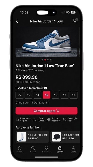 Loja virtual de calçados exibida em um smartphone