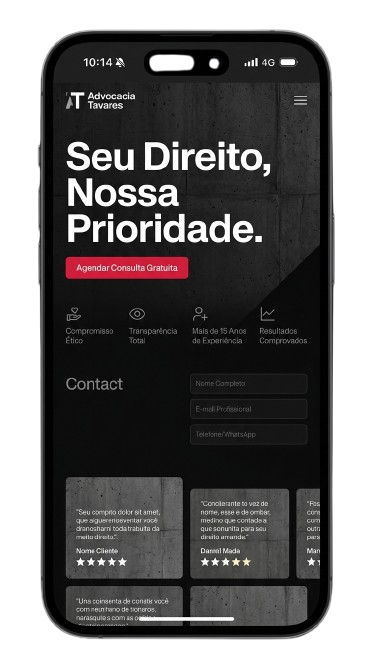 Landing page jurídica exibida em um smartphone