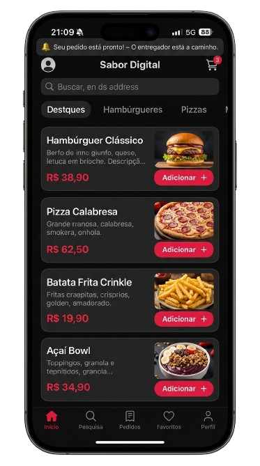 Aplicativo móvel de pedidos exibido em um smartphone