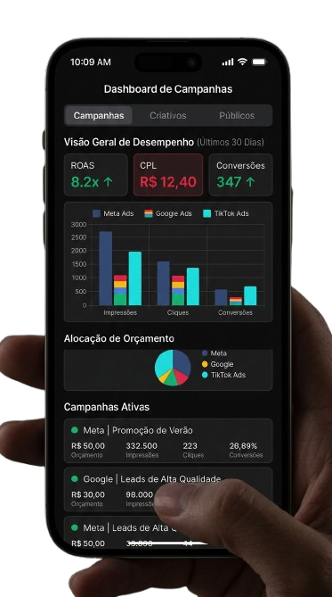 Dashboard de campanhas e indicadores de tráfego pago